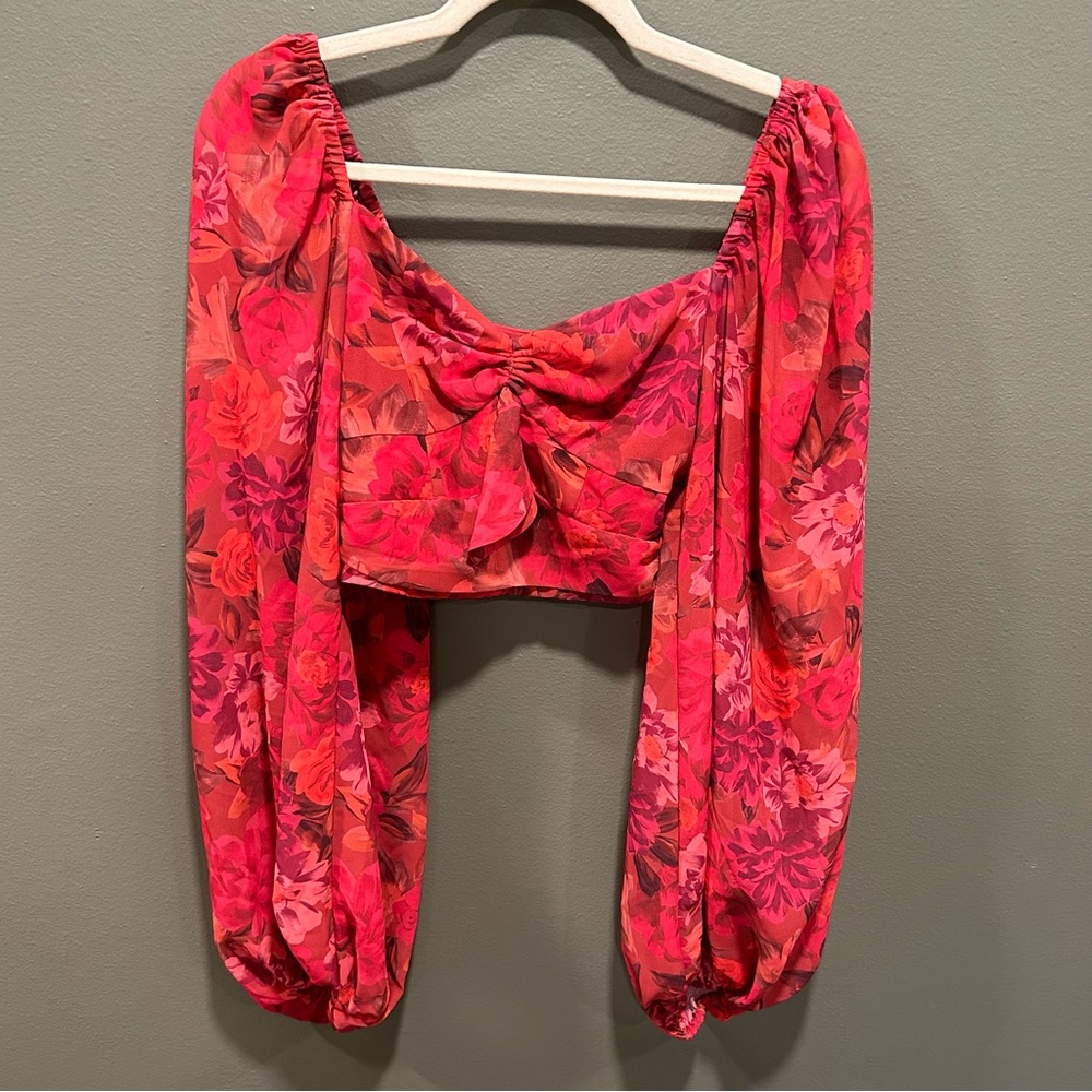 For Love and Lemons Long Sleeve Cropped Floral Balloon Sleeve Top XS